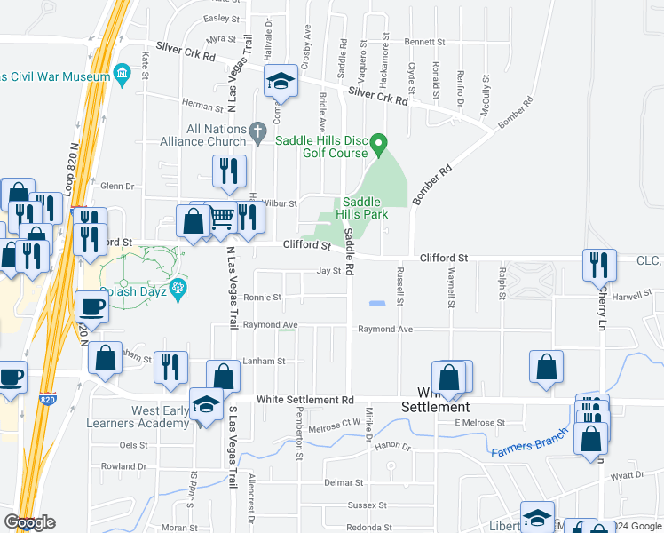 map of restaurants, bars, coffee shops, grocery stores, and more near 8409 Jay Street in White Settlement