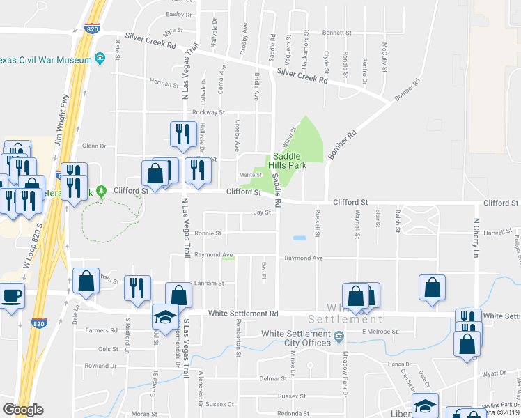 map of restaurants, bars, coffee shops, grocery stores, and more near 8409 Jay Street in White Settlement
