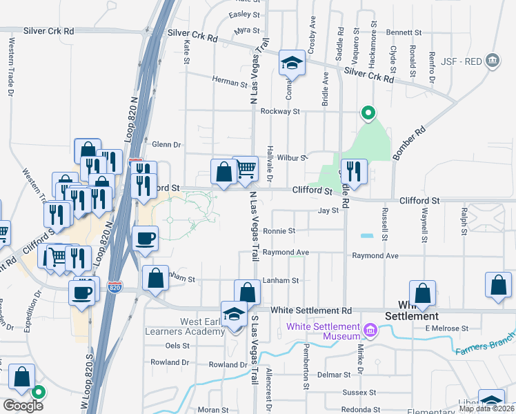 map of restaurants, bars, coffee shops, grocery stores, and more near 412 North Las Vegas Trail in Fort Worth