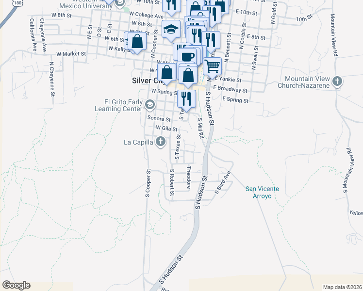 map of restaurants, bars, coffee shops, grocery stores, and more near 720 S Bullard St in Silver City