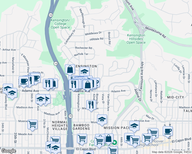 map of restaurants, bars, coffee shops, grocery stores, and more near 4751 Edgeware Road in San Diego