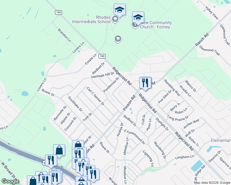 map of restaurants, bars, coffee shops, grocery stores, and more near 414 Magnolia Drive in Forney