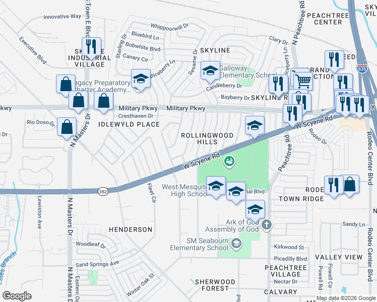 map of restaurants, bars, coffee shops, grocery stores, and more near 317 Brunswick Lane in Mesquite