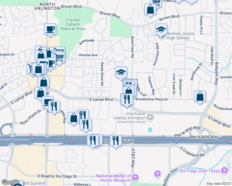 map of restaurants, bars, coffee shops, grocery stores, and more near 1601 East Lamar Boulevard in Arlington