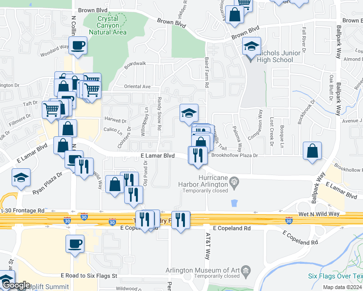map of restaurants, bars, coffee shops, grocery stores, and more near 1601 East Lamar Boulevard in Arlington