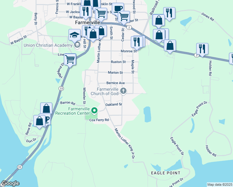 map of restaurants, bars, coffee shops, grocery stores, and more near 809 Angle St in Farmerville
