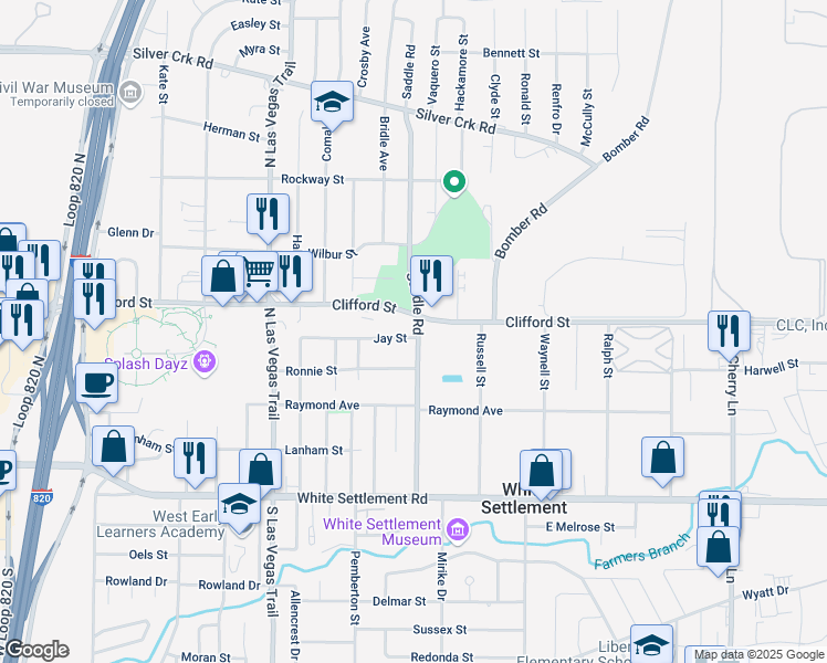 map of restaurants, bars, coffee shops, grocery stores, and more near 8400 Jay Street in White Settlement