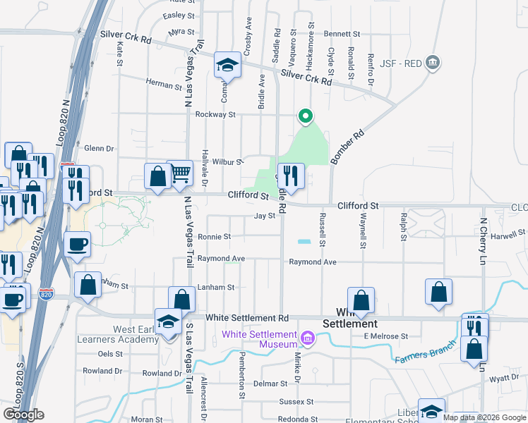 map of restaurants, bars, coffee shops, grocery stores, and more near 8422 Jay Street in White Settlement