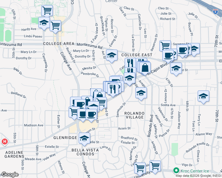 map of restaurants, bars, coffee shops, grocery stores, and more near 4741-45 Choctaw Drive in San Diego