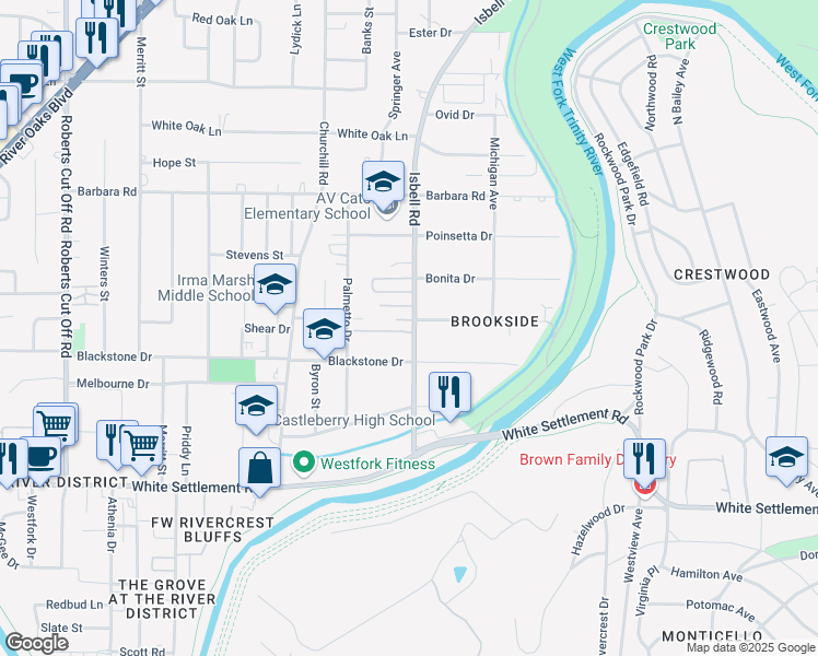 map of restaurants, bars, coffee shops, grocery stores, and more near 321 Isbell Road in Fort Worth