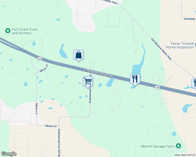 map of restaurants, bars, coffee shops, grocery stores, and more near 121 Greenwood Cut Off Road in Weatherford