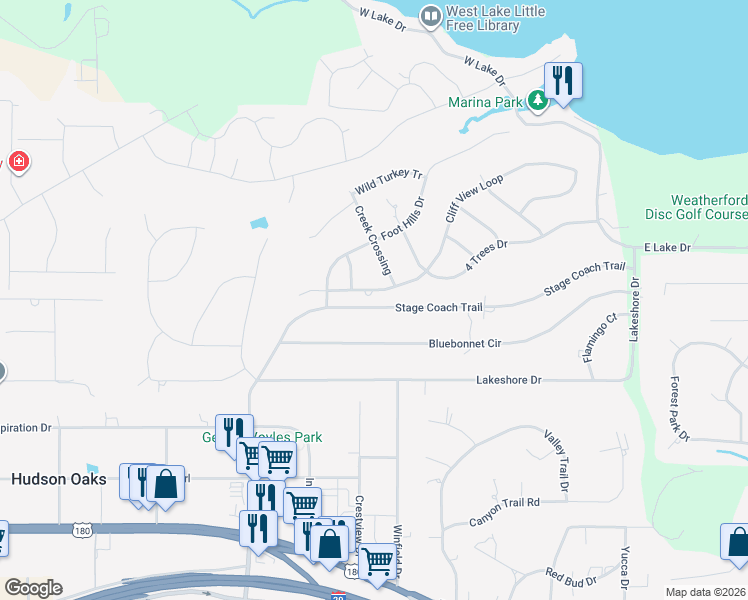 map of restaurants, bars, coffee shops, grocery stores, and more near 201 Stage Coach Trail in Weatherford