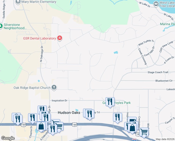 map of restaurants, bars, coffee shops, grocery stores, and more near 225 Valley Ranch Road in Weatherford