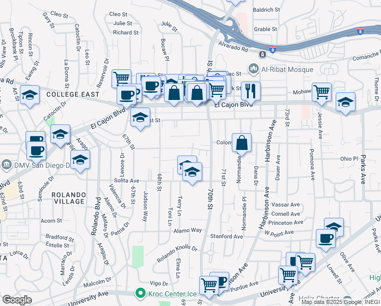 map of restaurants, bars, coffee shops, grocery stores, and more near 6959 Eberhart Street in San Diego
