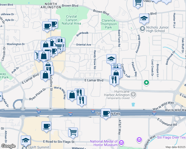 map of restaurants, bars, coffee shops, grocery stores, and more near 1908 Randy Snow Road in Arlington