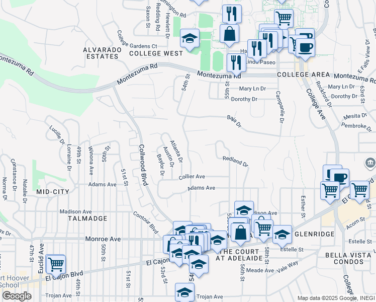 map of restaurants, bars, coffee shops, grocery stores, and more near 4841 54th Street in San Diego
