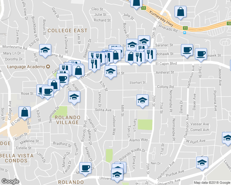 map of restaurants, bars, coffee shops, grocery stores, and more near 6753 Rosefield Drive in San Diego