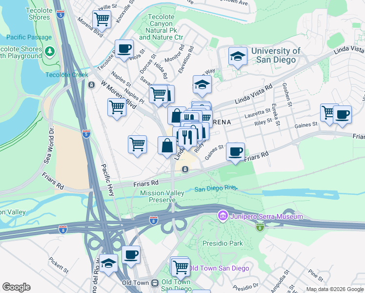 map of restaurants, bars, coffee shops, grocery stores, and more near in San Diego