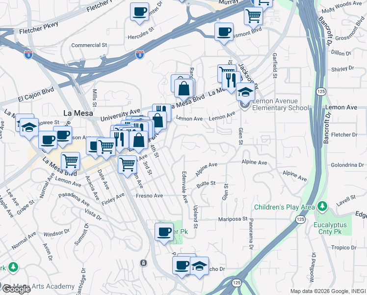 map of restaurants, bars, coffee shops, grocery stores, and more near 4723 Boulder Place in La Mesa
