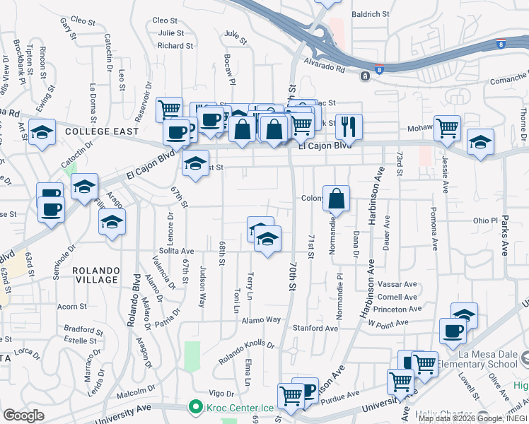 map of restaurants, bars, coffee shops, grocery stores, and more near 6959 Eberhart Street in San Diego