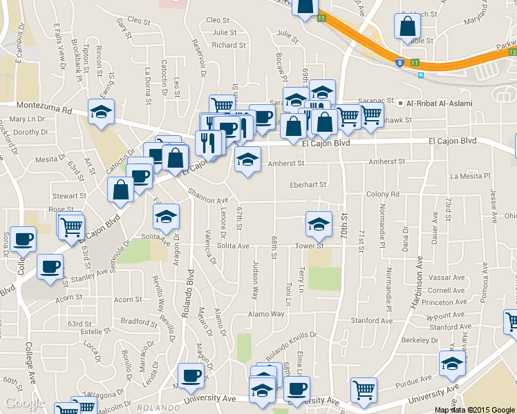 map of restaurants, bars, coffee shops, grocery stores, and more near 6732 Rosefield Drive in San Diego