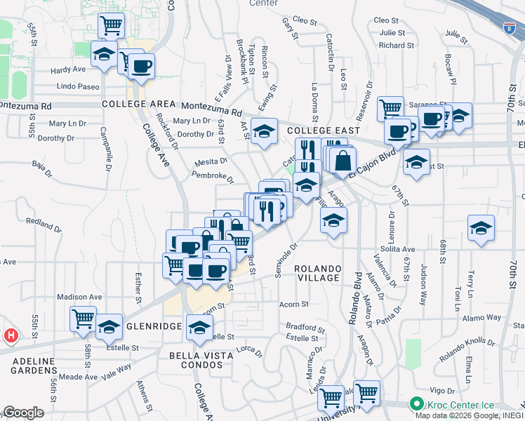 map of restaurants, bars, coffee shops, grocery stores, and more near 4847 Art Street in San Diego