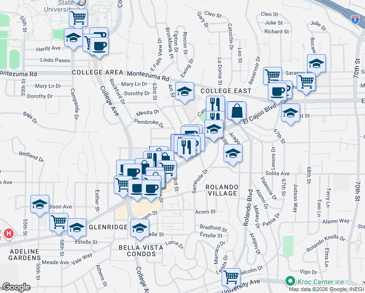 map of restaurants, bars, coffee shops, grocery stores, and more near 4808 63rd Street in San Diego