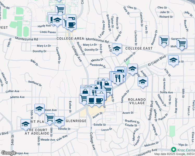 map of restaurants, bars, coffee shops, grocery stores, and more near 4855 College Avenue in San Diego