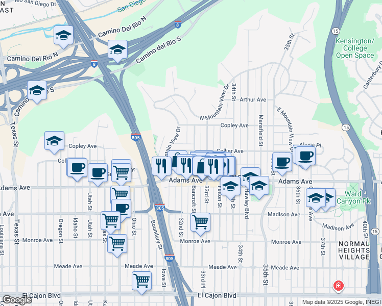 map of restaurants, bars, coffee shops, grocery stores, and more near 3222 Collier Avenue in San Diego