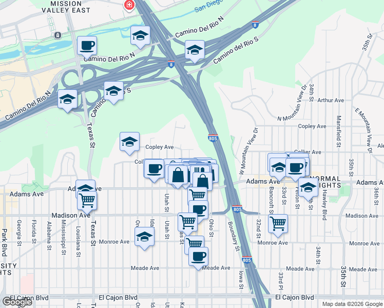 map of restaurants, bars, coffee shops, grocery stores, and more near 2930 Copley Avenue in San Diego
