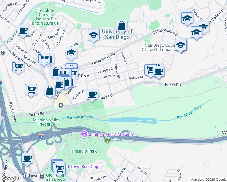 map of restaurants, bars, coffee shops, grocery stores, and more near 5757 Gaines Street in San Diego