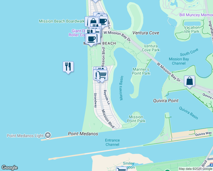 map of restaurants, bars, coffee shops, grocery stores, and more near 2921 Bayside Lane in San Diego