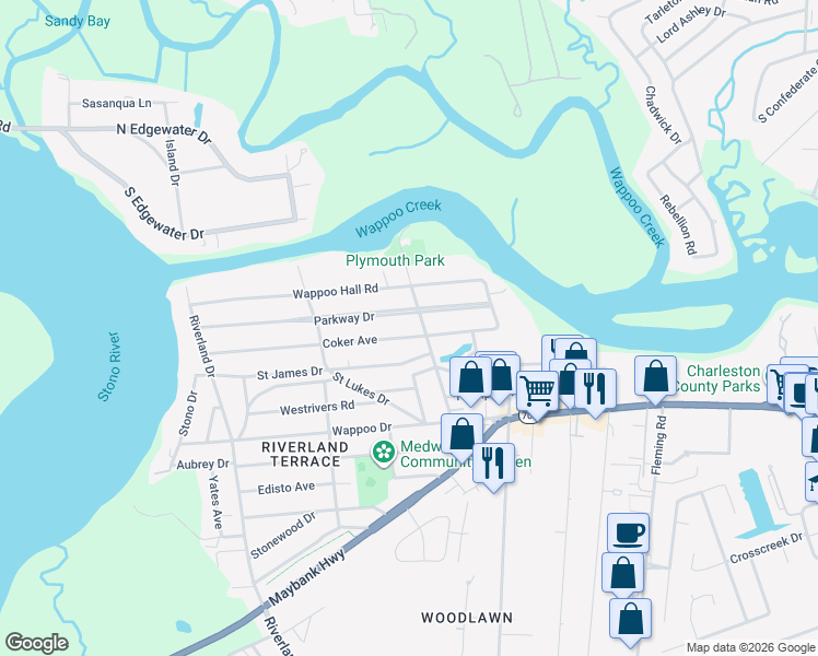 map of restaurants, bars, coffee shops, grocery stores, and more near 113 Plymouth Avenue in Charleston