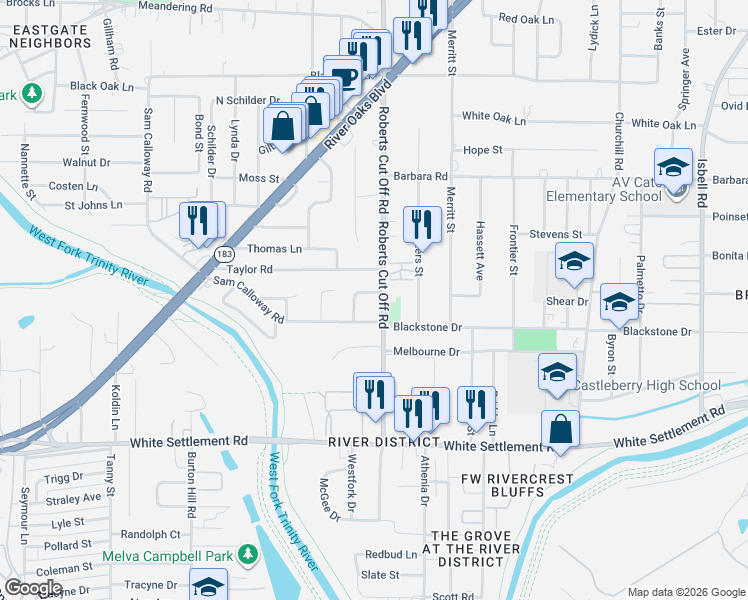 map of restaurants, bars, coffee shops, grocery stores, and more near 5316 Cahill Oval Street in River Oaks