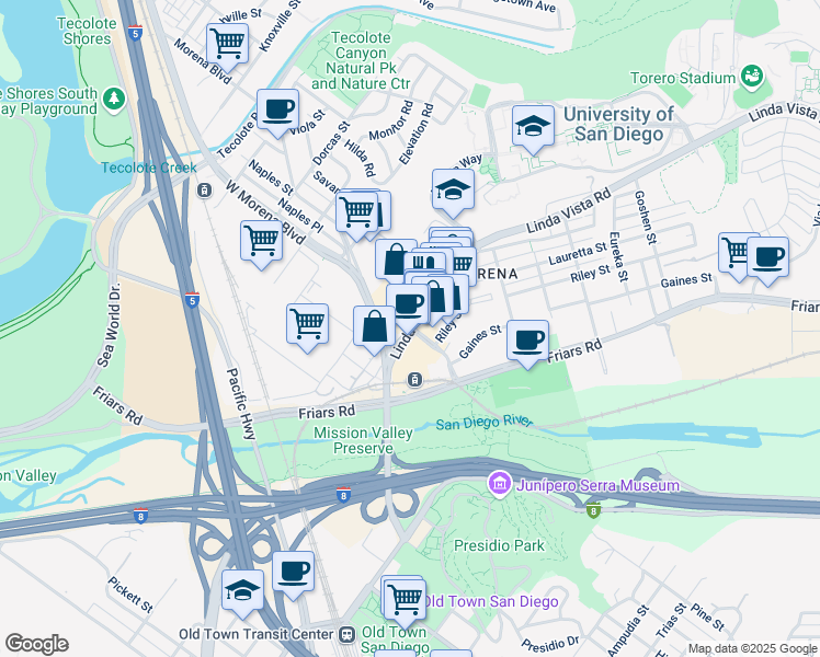 map of restaurants, bars, coffee shops, grocery stores, and more near Linda Vista Rd & Napa St in San Diego
