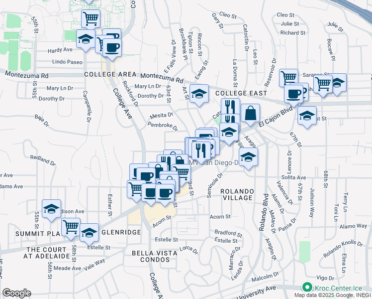 map of restaurants, bars, coffee shops, grocery stores, and more near 4808 63rd Street in San Diego