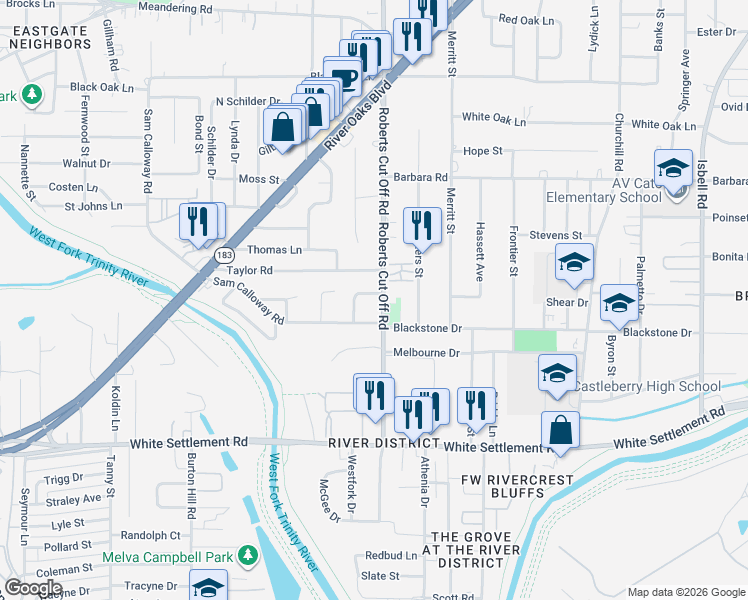 map of restaurants, bars, coffee shops, grocery stores, and more near 5316 Cahill Oval Street in River Oaks