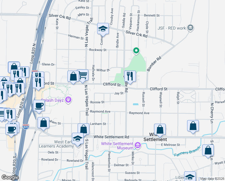 map of restaurants, bars, coffee shops, grocery stores, and more near 8421 Clifford Street in Fort Worth