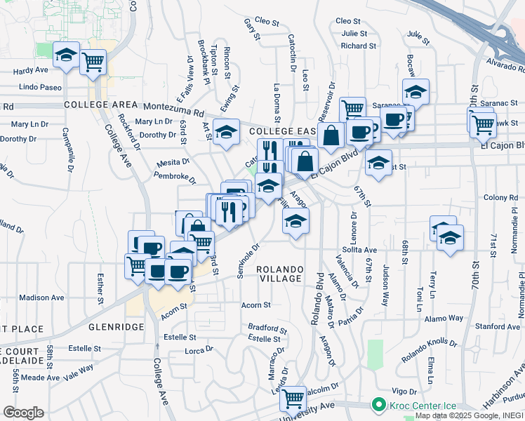 map of restaurants, bars, coffee shops, grocery stores, and more near 6456 El Cajon Boulevard in San Diego