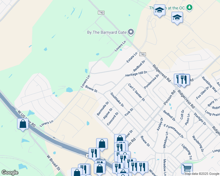 map of restaurants, bars, coffee shops, grocery stores, and more near 602 Heritage Hill Drive in Forney