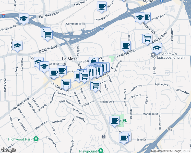 map of restaurants, bars, coffee shops, grocery stores, and more near 8310 La Mesa Boulevard in La Mesa