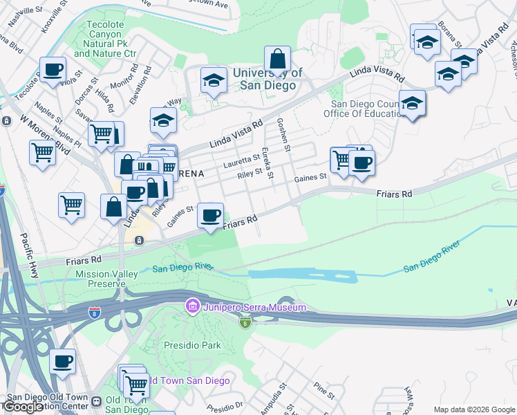 map of restaurants, bars, coffee shops, grocery stores, and more near 5757 Gaines Street in San Diego