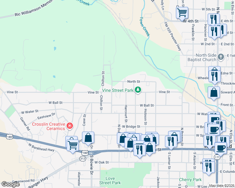 map of restaurants, bars, coffee shops, grocery stores, and more near 601 Harcourt Street in Weatherford