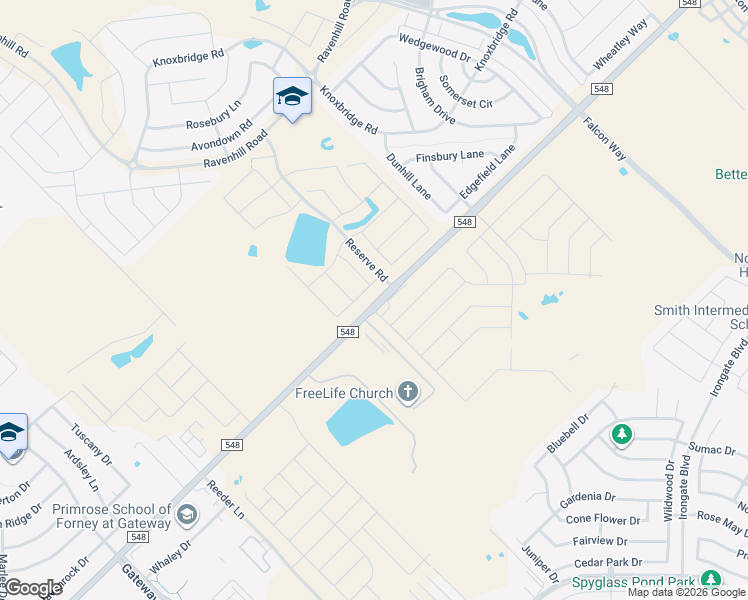map of restaurants, bars, coffee shops, grocery stores, and more near 14589 Farm to Market 548 in Forney