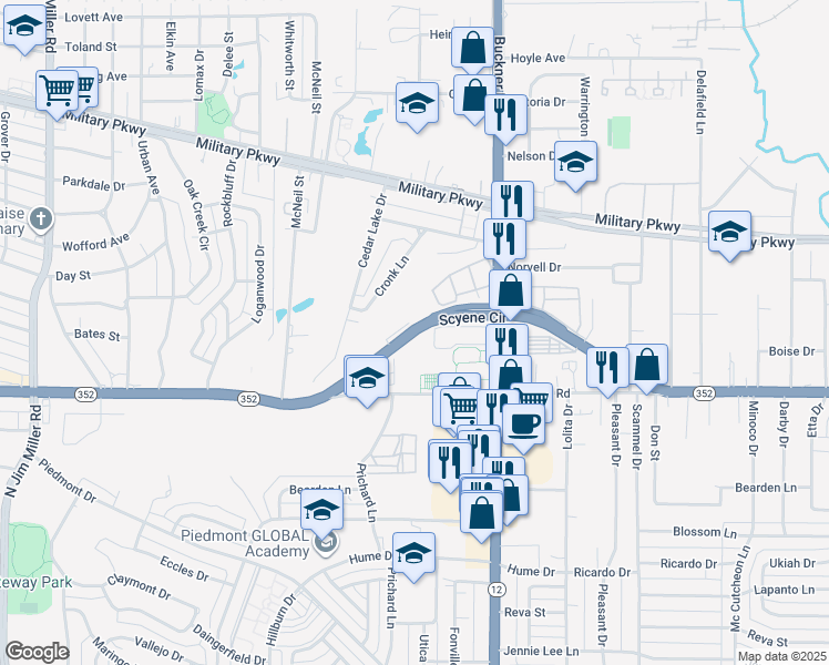 map of restaurants, bars, coffee shops, grocery stores, and more near Highway 352 in Dallas
