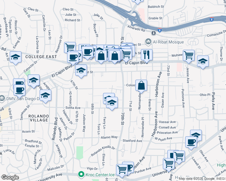 map of restaurants, bars, coffee shops, grocery stores, and more near 4750 70th Street in La Mesa