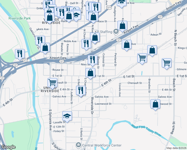 map of restaurants, bars, coffee shops, grocery stores, and more near 137 North Riverside Drive in Fort Worth