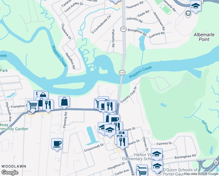map of restaurants, bars, coffee shops, grocery stores, and more near 150 Wappoo Creek Drive in Charleston