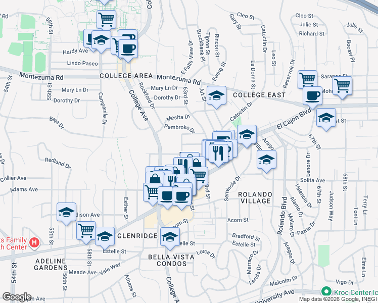 map of restaurants, bars, coffee shops, grocery stores, and more near 6234 Stewart Street in San Diego