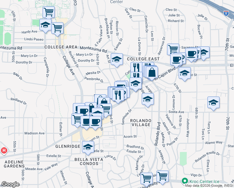 map of restaurants, bars, coffee shops, grocery stores, and more near 4847 Art Street in San Diego